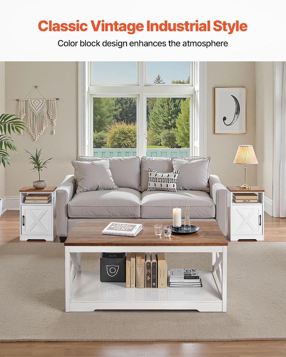 VEVOR 3 Pieces Farmhouse Coffee Table Sets, 40 in Industrial Coffee Table wit...