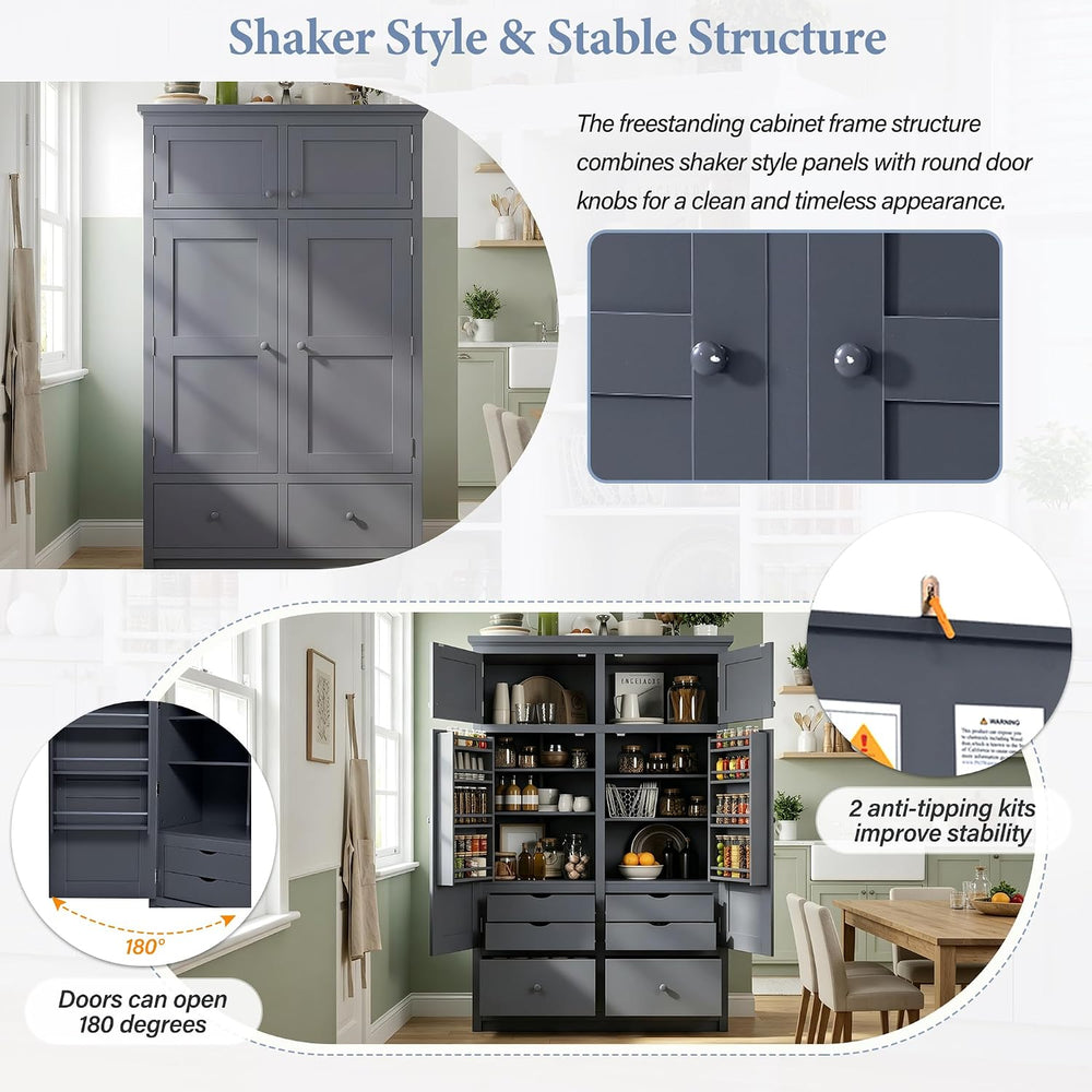 Freestanding Kitchen Pantry with Drawers, Shelves & Pull-out Trays,Gray |...