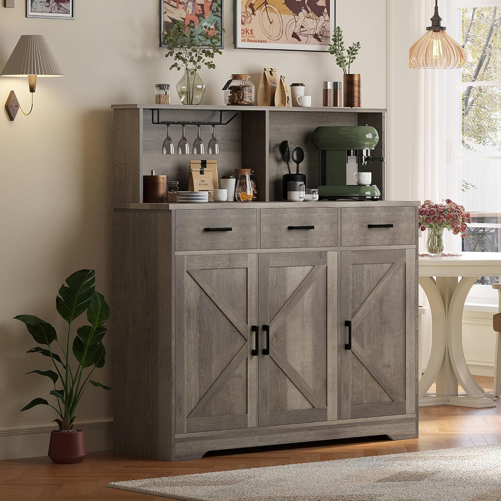 IDEALHOUSE Farmhouse Buffet Sideboard with Microwave Stand, Barn Door Storage...