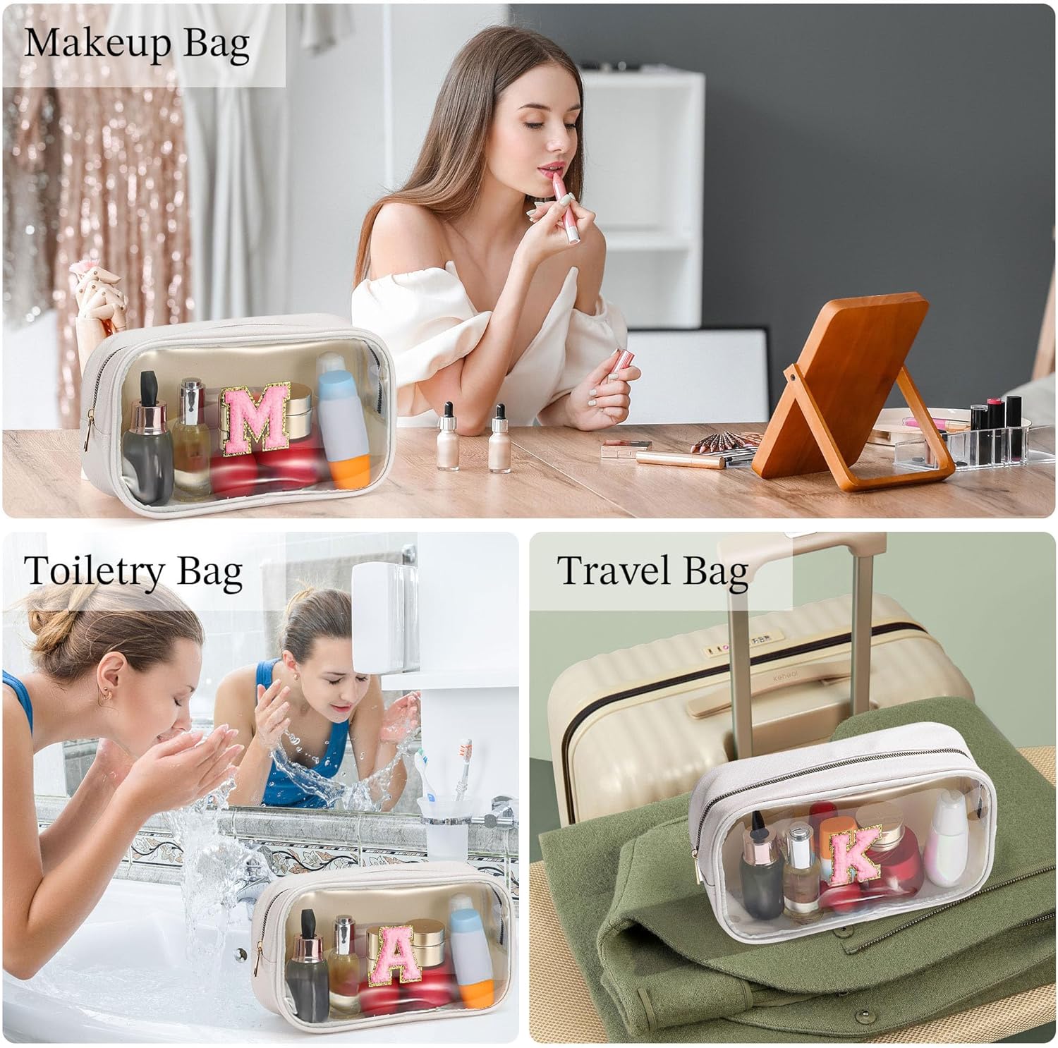YOOLIFE Initial Make Up Bag Travel Toiletry Bag, Clear Makeup Bag Preppy Cosmetic Bag Clear Makeup Bags With Zipper Girlfriend Teacher 6 Year Old Girl Gifts Daughter Gifts Swim Gifts For Girls White R