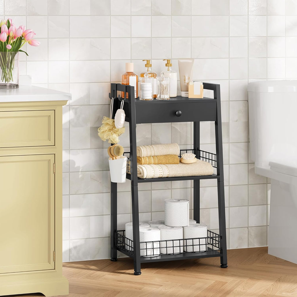 3-Tier Bathroom Ladder Shelf with Drawer, Freestanding Tower Shelf Ladder Bookshelf for Living Room, Bedroom -Black