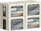 4 Pack Clothes Storage Bins with Metal Frame - 100L Stackable Storage Box with Lid，Foldable Storage Container Organizer for Clothes，Linen Fabric Storage Box with Clear Window＆Zippers＆Handles