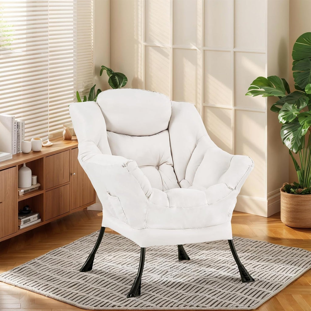 Furlide Lazy Chair with Ottoman, Soft Comfy Chair for Bedroom, Beige | Accent Lounge Chair with folding Foot Stool, Removable Washable Cover and Side Pocket for Reading, Relaxing in Living Room