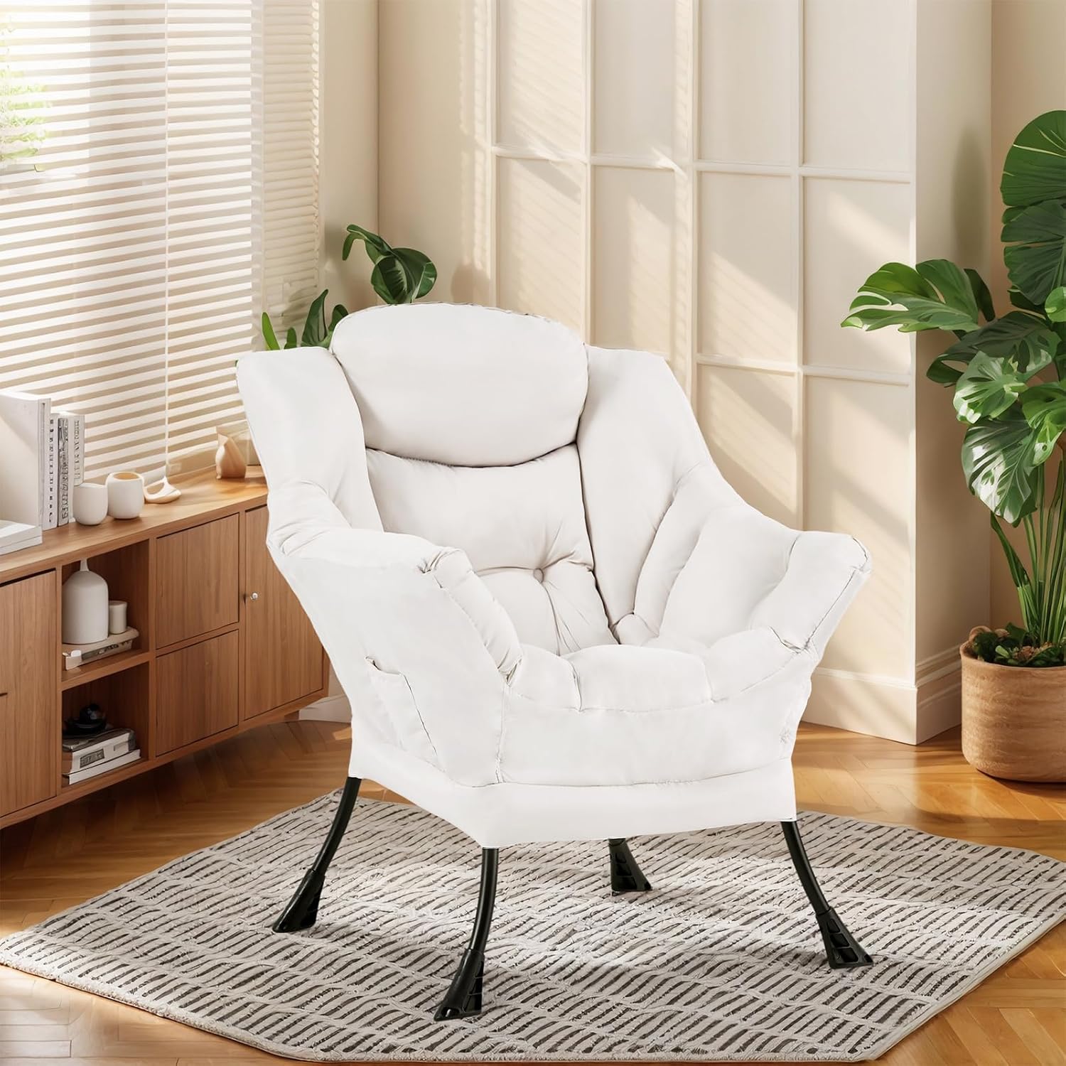 Furlide Lazy Chair with Ottoman, Soft Comfy Chair for Bedroom, Beige | Accent Lounge Chair with folding Foot Stool, Removable Washable Cover and Side Pocket for Reading, Relaxing in Living Room