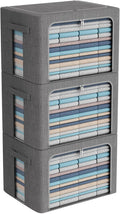 CYhom 3Pack Foldable Storage Bins - Frame Storage Box Linen Fabric Stackable Clothes Container Organizer with Clear Window & Carry Handles Large Capacity (Extra Large-100L, Dark Gray)