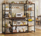 UPOSOJA 62.4in Large Bakers Rack with Power Outlet, Wide Kitchen Microwave Stand with Storage Shelves, 5-Tier Coffee Bar, Wine Rack, Goblet Holder, 8 Hooks, Wire Basket(Rustic Brown, Large)