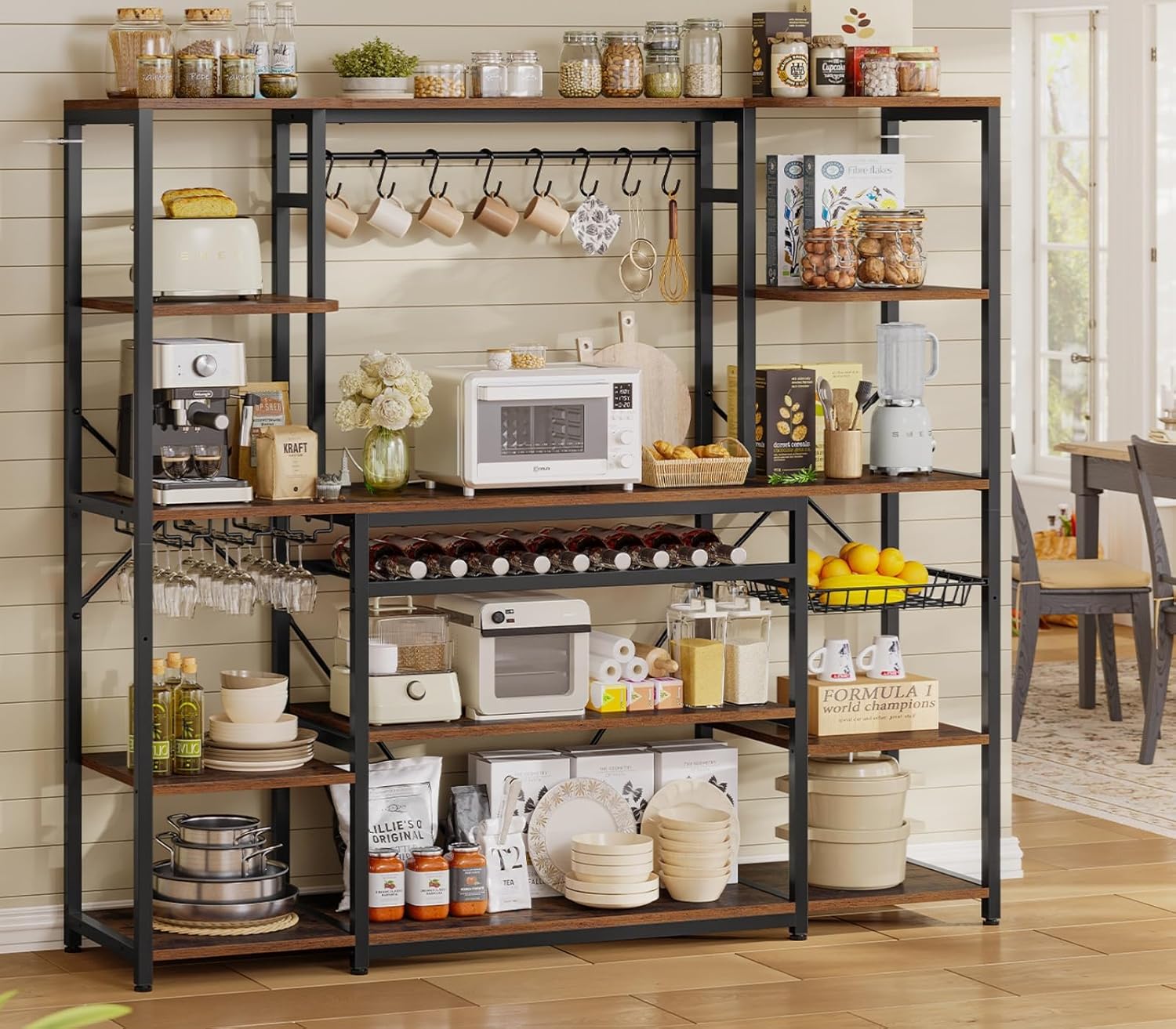 UPOSOJA 62.4in Large Bakers Rack with Power Outlet, Wide Kitchen Microwave Stand with Storage Shelves, 5-Tier Coffee Bar, Wine Rack, Goblet Holder, 8 Hooks, Wire Basket(Rustic Brown, Large)