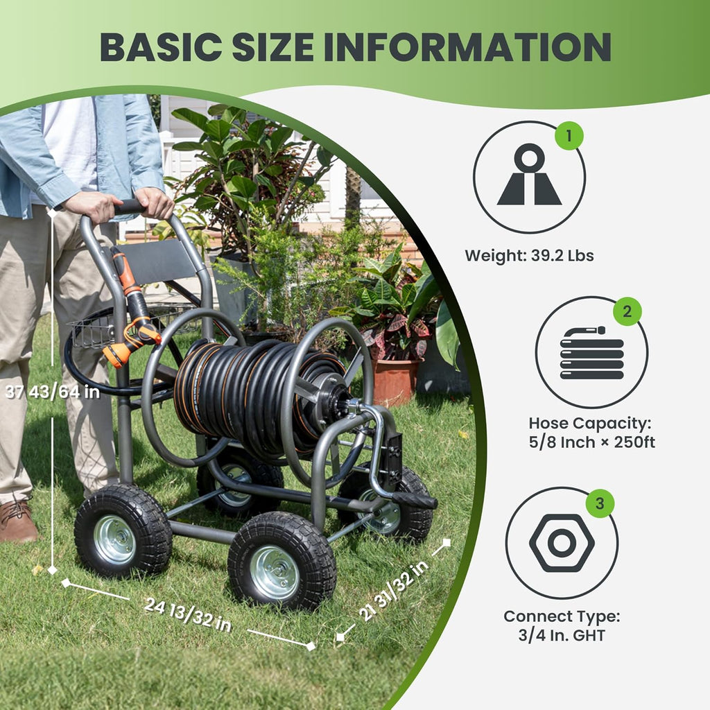 Giraffe Tools Garden Hose Reel Cart, Cart with Wheels Heavy Duty, Industrial Hose Reels for Outside, 250-Feet of 5/8" Hose Capacity, Hose Guide Pre-Installed