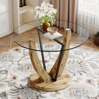 JUFU 42 Inch Round Glass Dining Table for 4, Modern Kitchen Table with Wood Pedestal Base, Small Dining Room Table for Apartment, Breakfast Nook, Living Room, Table Only