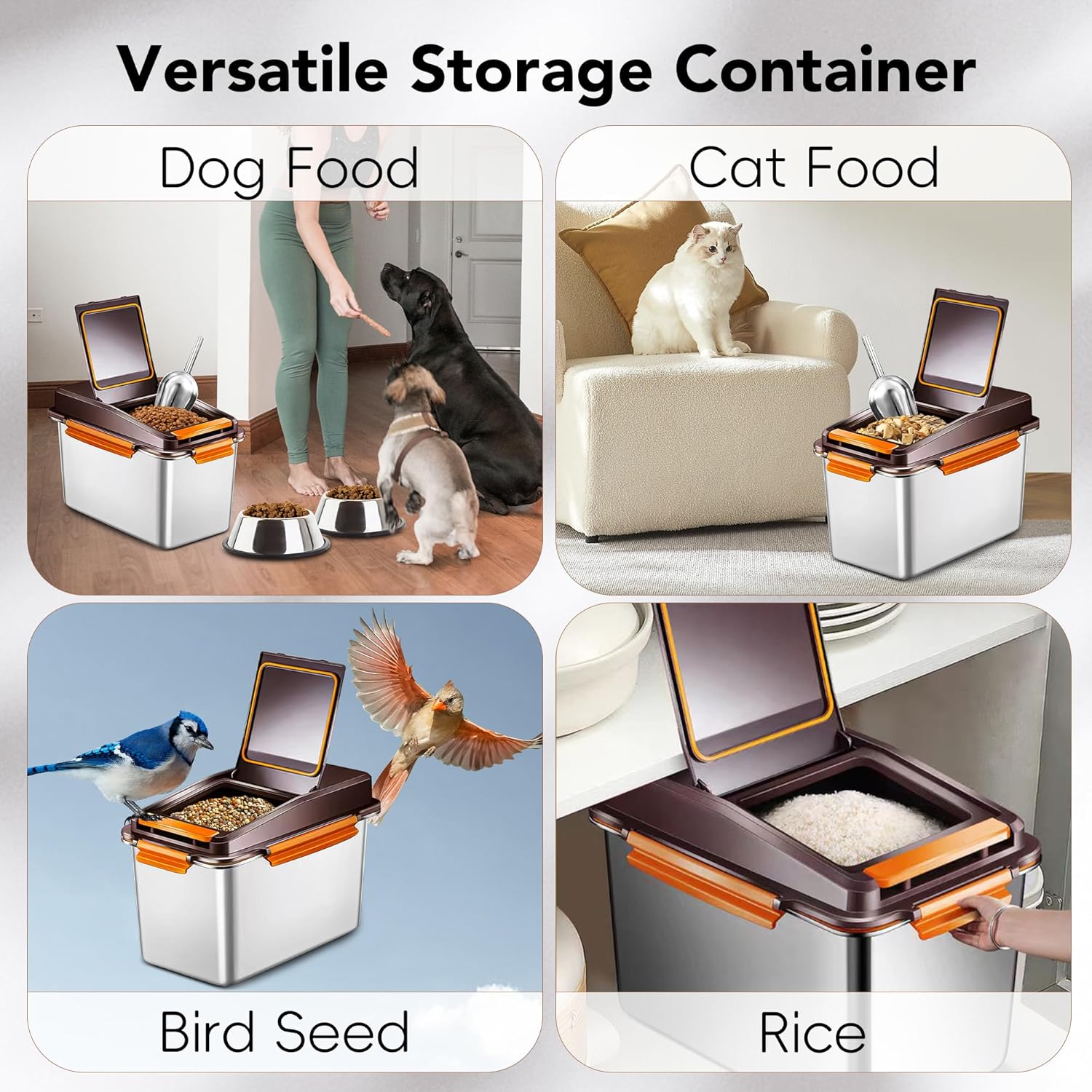 Dog Food Storage Container Stainless Steel with Scoop, 16 LB /11 LB Airtight Pet Metal Food Storage Bin, Cat Food Container for Dry Dog, Cat Food, Bird Seed, Keep Food Fresh, Brown