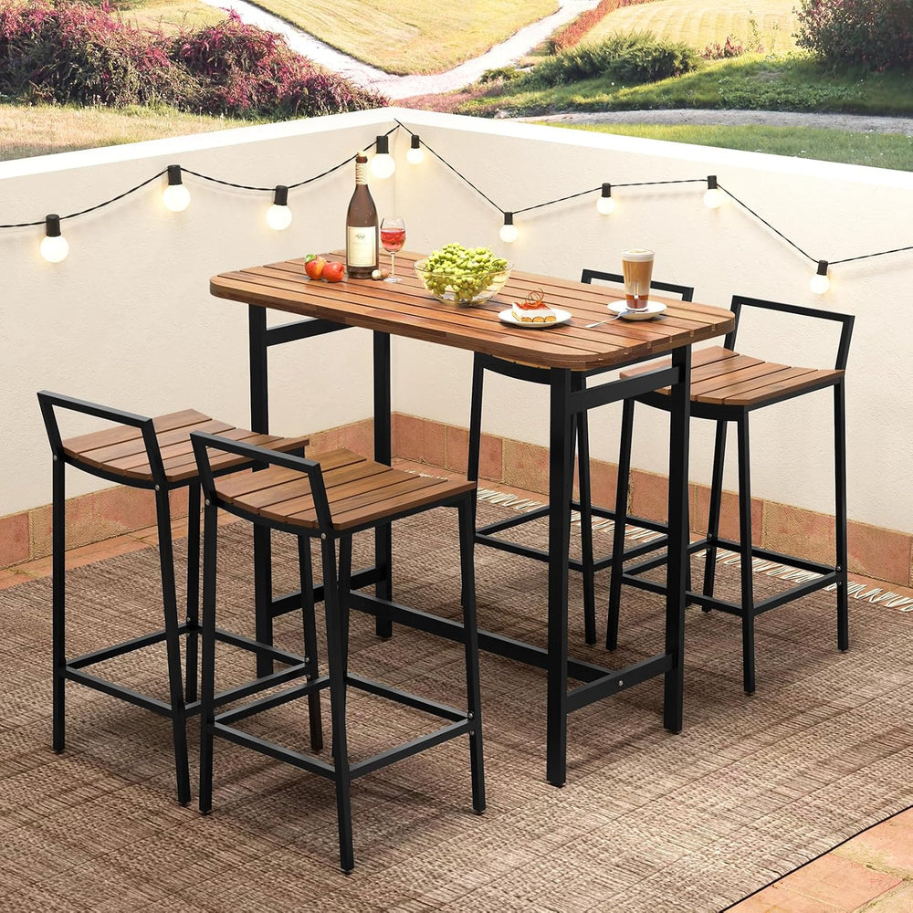 Tangkula 5 Piece Acacia Wood Bar Table Set, Outdoor Bar Height Table & Ch...