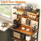Aheaplus Bakers Rack with Power Outlet, Microwave Stand, 5 Tiers Coffee Bar Station with Led Lights, Kitchen Storage Shelf with 6 S-shaped Hooks, Kitchen Rack for Spices, Pots and Pans, Rustic Brown
