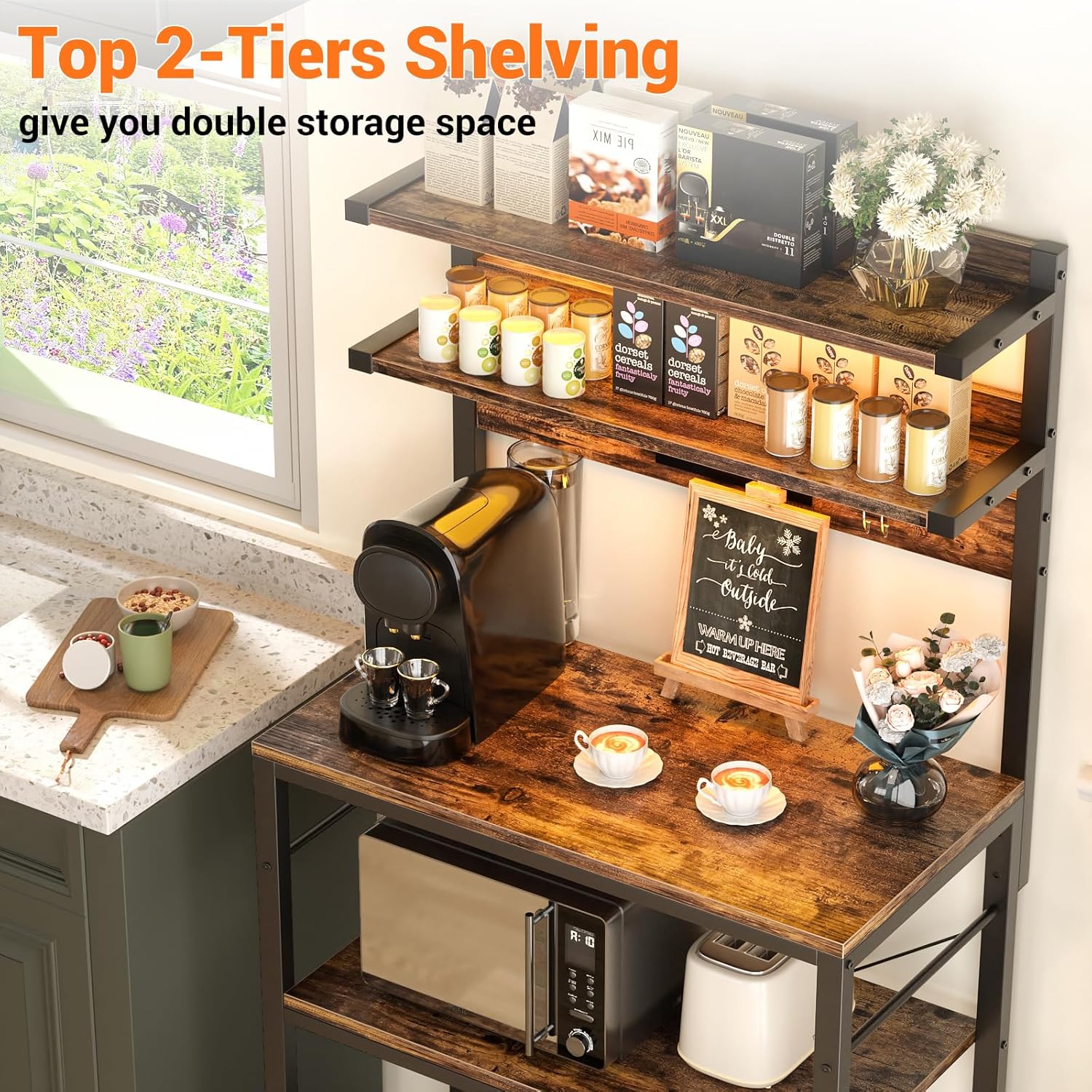Aheaplus Bakers Rack with Power Outlet, Microwave Stand, 5 Tiers Coffee Bar Station with Led Lights, Kitchen Storage Shelf with 6 S-shaped Hooks, Kitchen Rack for Spices, Pots and Pans, Rustic Brown