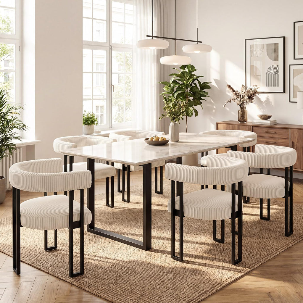 Modern Corduroy Dining Chairs Set of 6 with Metal Legs,Comfy Accent Dining Room Chairs Upholstered Kitchen Side Chairs with Curved Backrest for Dining Room Kitchen Living Room (White,6)