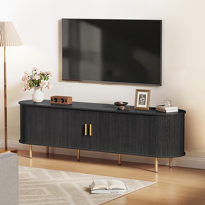 DHH 70.8 Inch Mid Century Modern TV Stand with Power Outlet for TVs up to 80 Inch, Entertainment Center with Storage and Adjustable Shelves, Media Console with Sliding Doors for Living Room(Black)