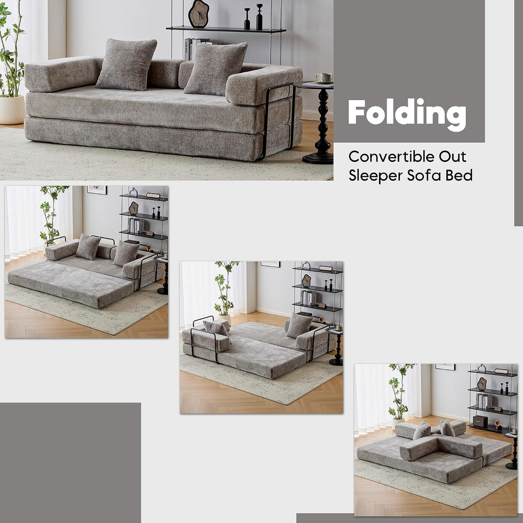 ZEIINPA Convertible Floor Sofa Bed with Fixed-Shape Frame, Modular Chenille Folding Mattress Couch with Armrest, Floor Sofa Lounge Couch for Living Room Bedroom Lounge Studio,Light Gray