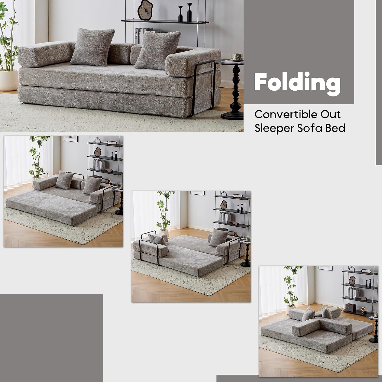 ZEIINPA Convertible Floor Sofa Bed with Fixed-Shape Frame, Modular Chenille Folding Mattress Couch with Armrest, Floor Sofa Lounge Couch for Living Room Bedroom Lounge Studio,Light Gray