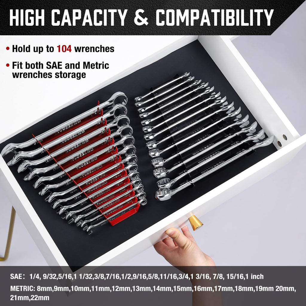 ALOANES 104-Slot Metal Wrench Organizer, Heavy Duty Wrench Organizer Tray for Tool Box, Professional Fit SAE & Metric Wrench Storage, 8 Pack Wrench Holders(Red&Black)