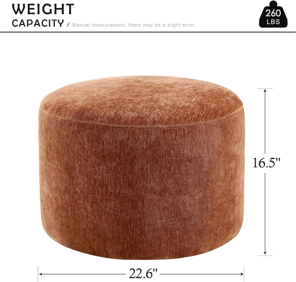 Upholstered Round Pouf Ottoman, Modern Footstool, Orange-Brown | Small Chenil...