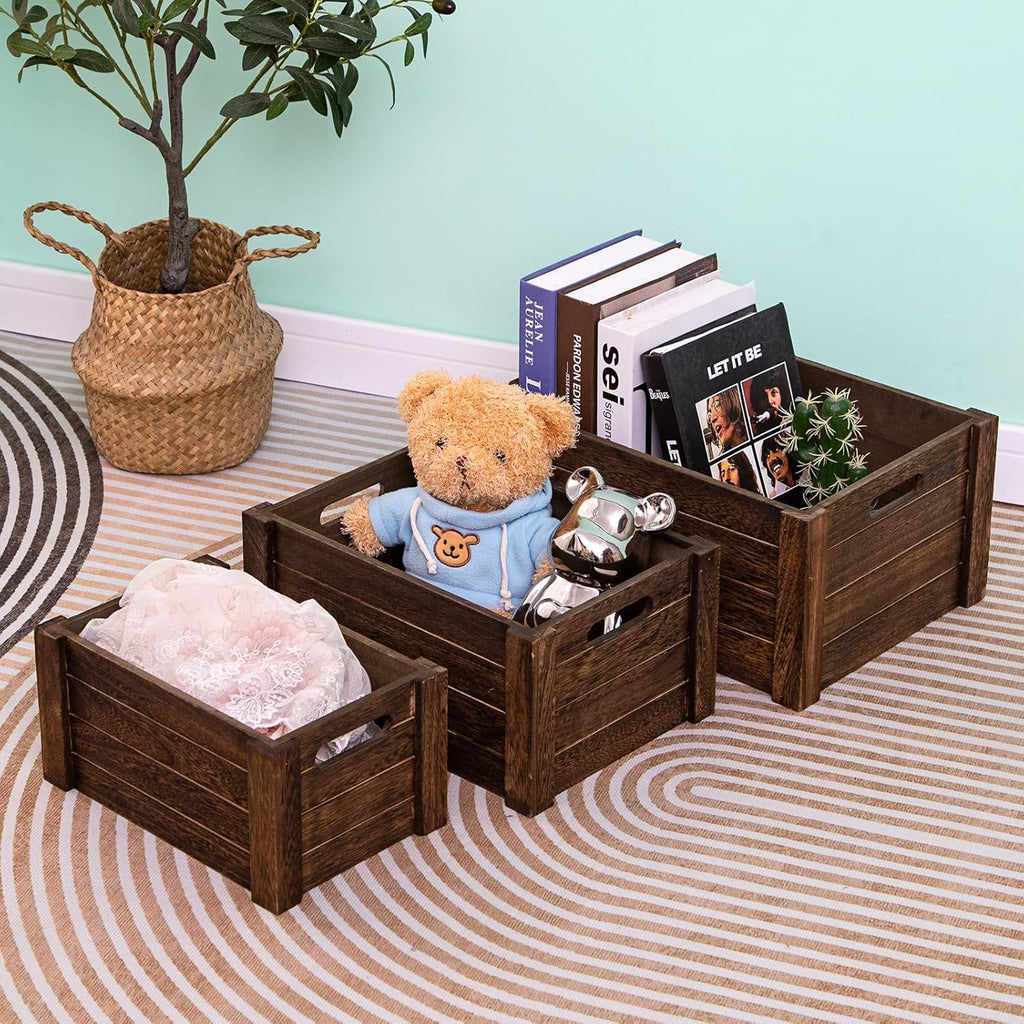 Large Vintage Brown Wooden Crates For Storage,Nesting Handmade Solid Wood Vintage Black Wood Storage Boxes.Storage Crates For Organizing.