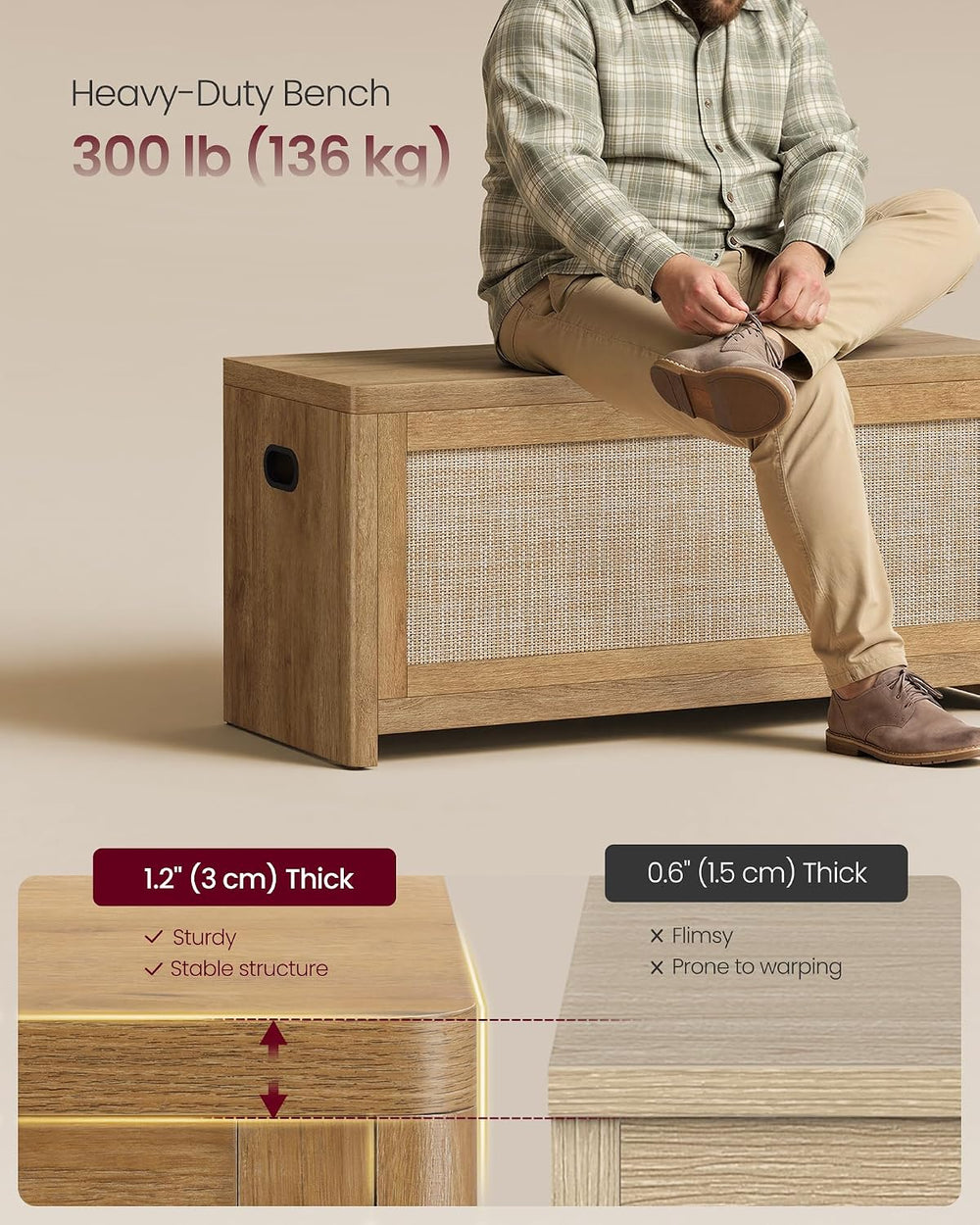 VASAGLE Boho Storage Bench with Rattan Look, Rounded Corners | Blanket Chest ...