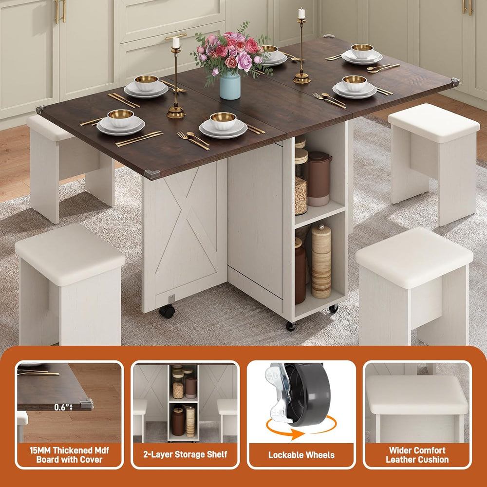 5 PCS Farmhouse Dining Table Set for 4,60" Large Folding Dining Table Se...