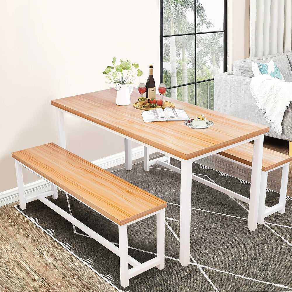 DKLGG Dining Table Set for 4, Wooden Kitchen Table with 2 Dining Bench | 47.2...