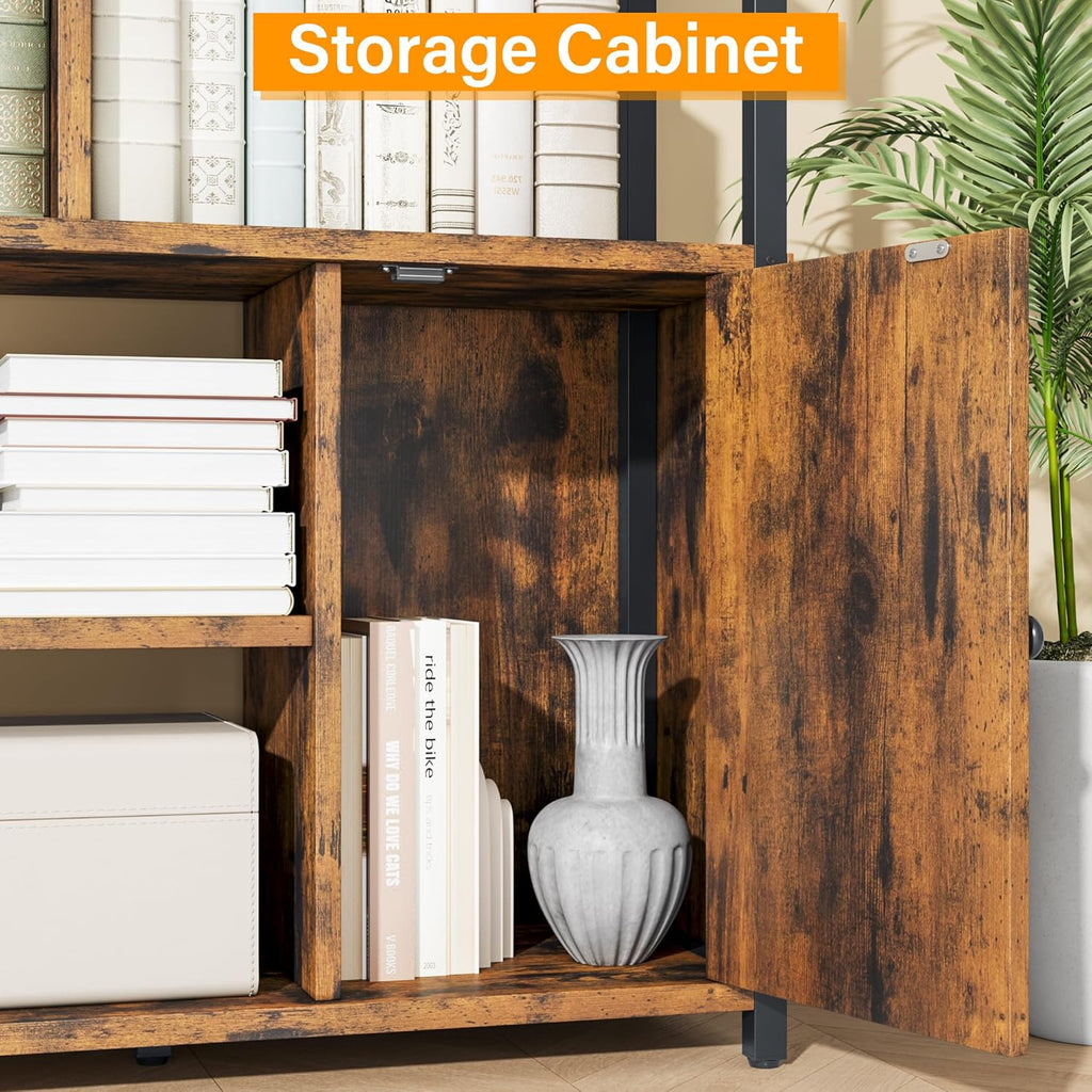 Jehiatek 71" Arc Gold Bookshelf with Storage Cabinet, Tall 6 Tiers Industrial Bookcase with Sturdy Metal Frame, Geometric Book Shelf for Lving Room, Home Office, Black and Brown
