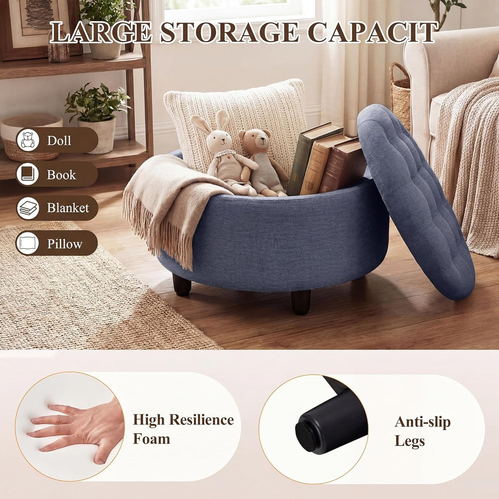 COLAMY Fabric Round Storage Ottoman with Reversible Tray Lid – Multi-Function...