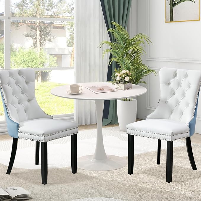 3-Pieces 31.5" Round Dining Table Set for 2, White Dining Table & PU & Velvet Upholstered Dining Chairs Set of 2 for Kitchen Dining Room Apartment Small Space(Blue & White Chairs)