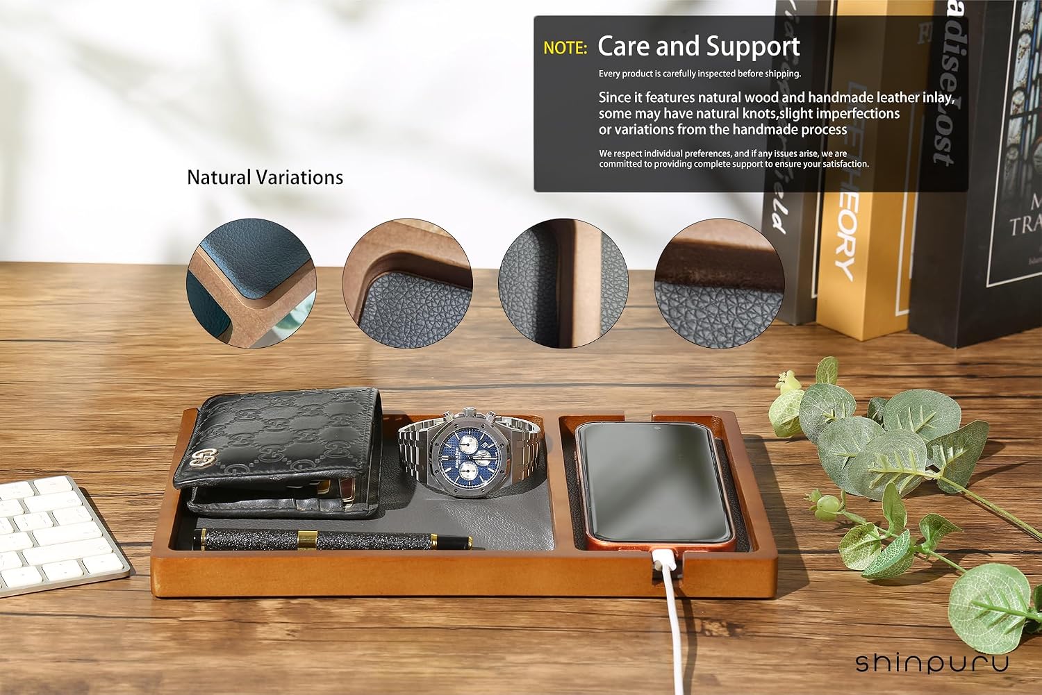 Shinpuru Wooden Valet Tray for Men, Nightstand Organizer with Leather Inlay, EDC Essentials Catchall Tray for Keys, Phone, Wallet, Watch, Earbuds - Bedside Desk Entryway Tray (Wood-Phone)