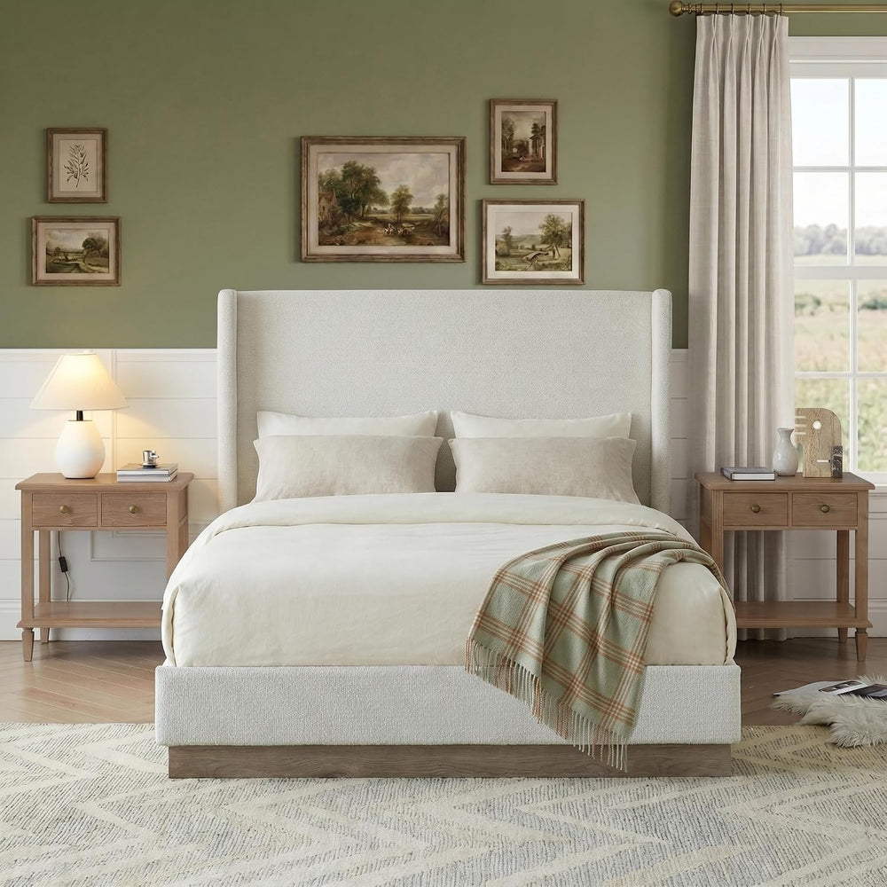 53" Majestic Wingback Bed Frame Queen - Premium Cream White Boucle Uphol...