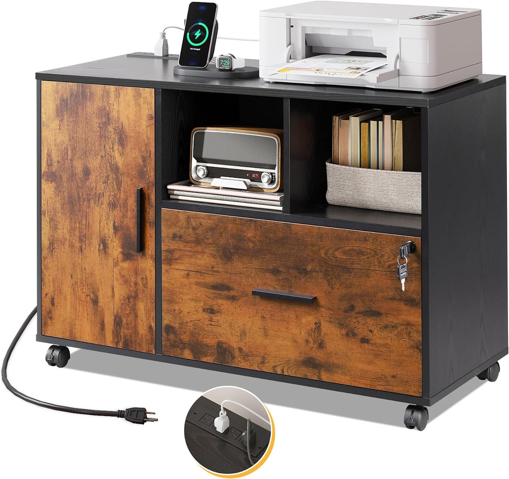 DEVAISE File Cabinet with Charging Station, 1 Drawer Rolling File Cabinet, Lo...