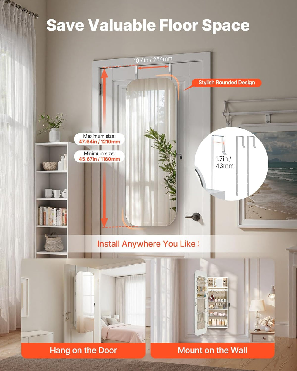VEVOR Mirror Jewelry Cabinet, 42.5-inch Tall, Full-Length Mirror with Storage...