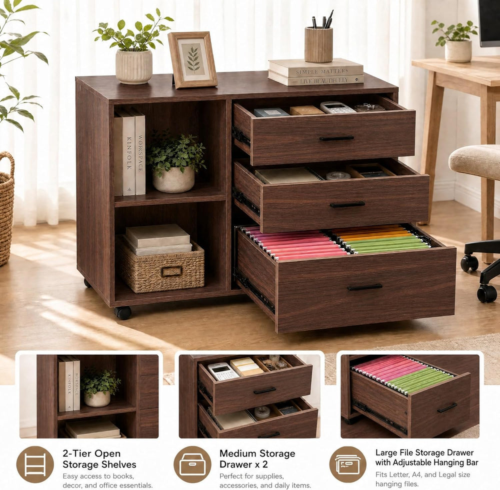 Tribesigns 39 in. Wooden Filing Cabinet with Open Storage Shelves and 3 Drawe...