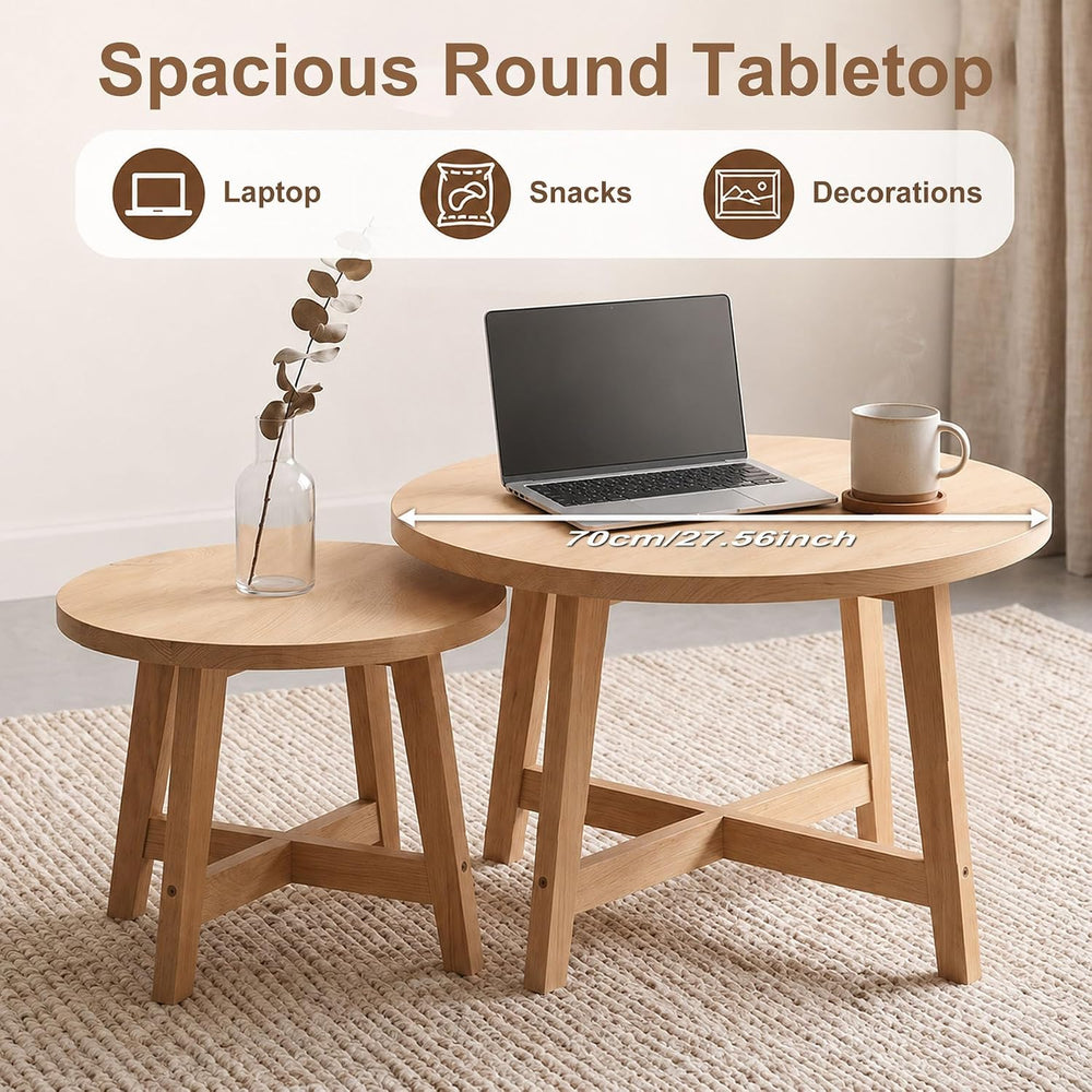 Round Nesting Tables Set of 2, Modern Coffee Table for Living Room (Natural)