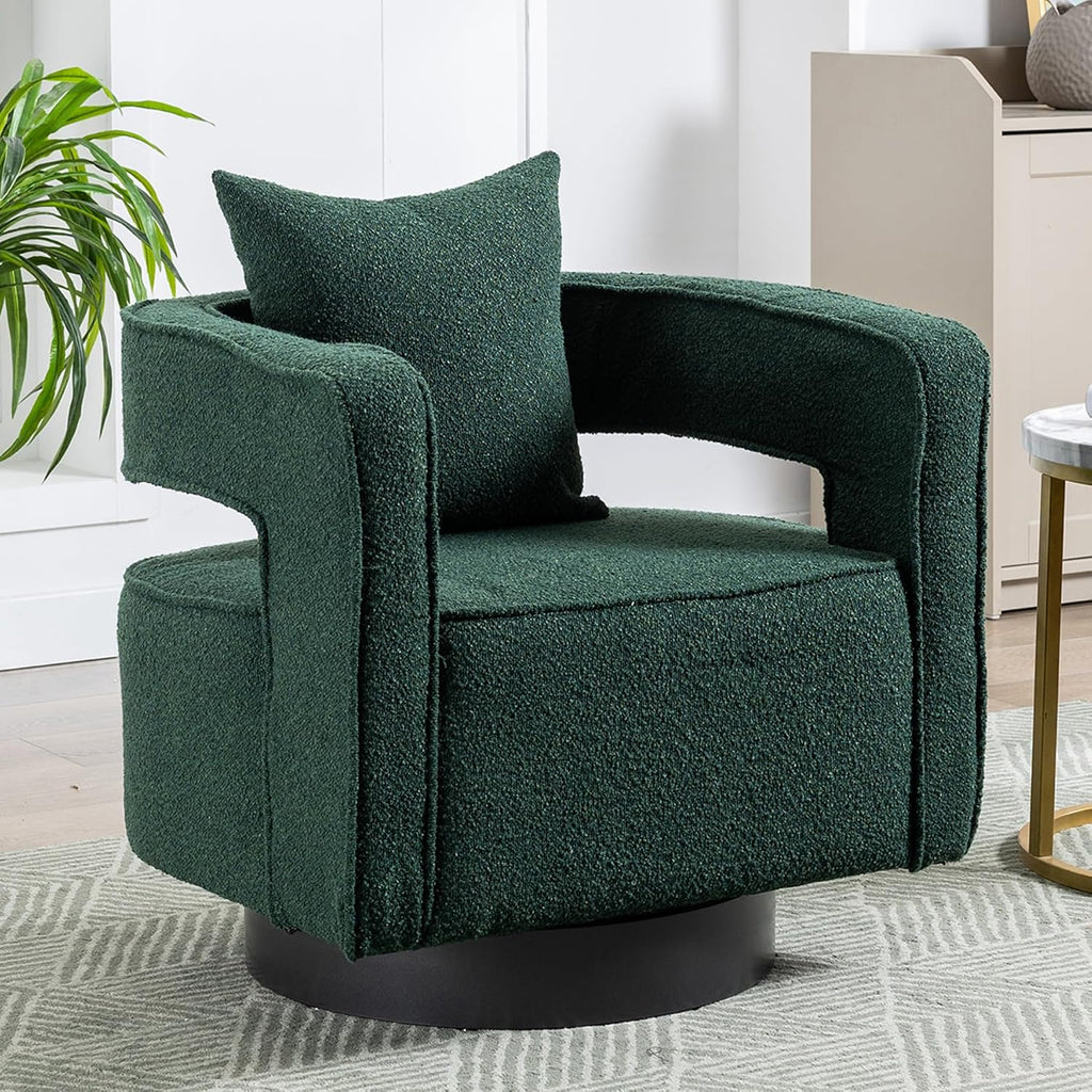 Swivel Accent Chair Set of 2, Modern Swivel Barrel Chair for Living Room, 360 Degree Comfy Square Accent Chair with Open Back, Upholstered Armchair for Bedroom,Reading, Boucle, Dark Green