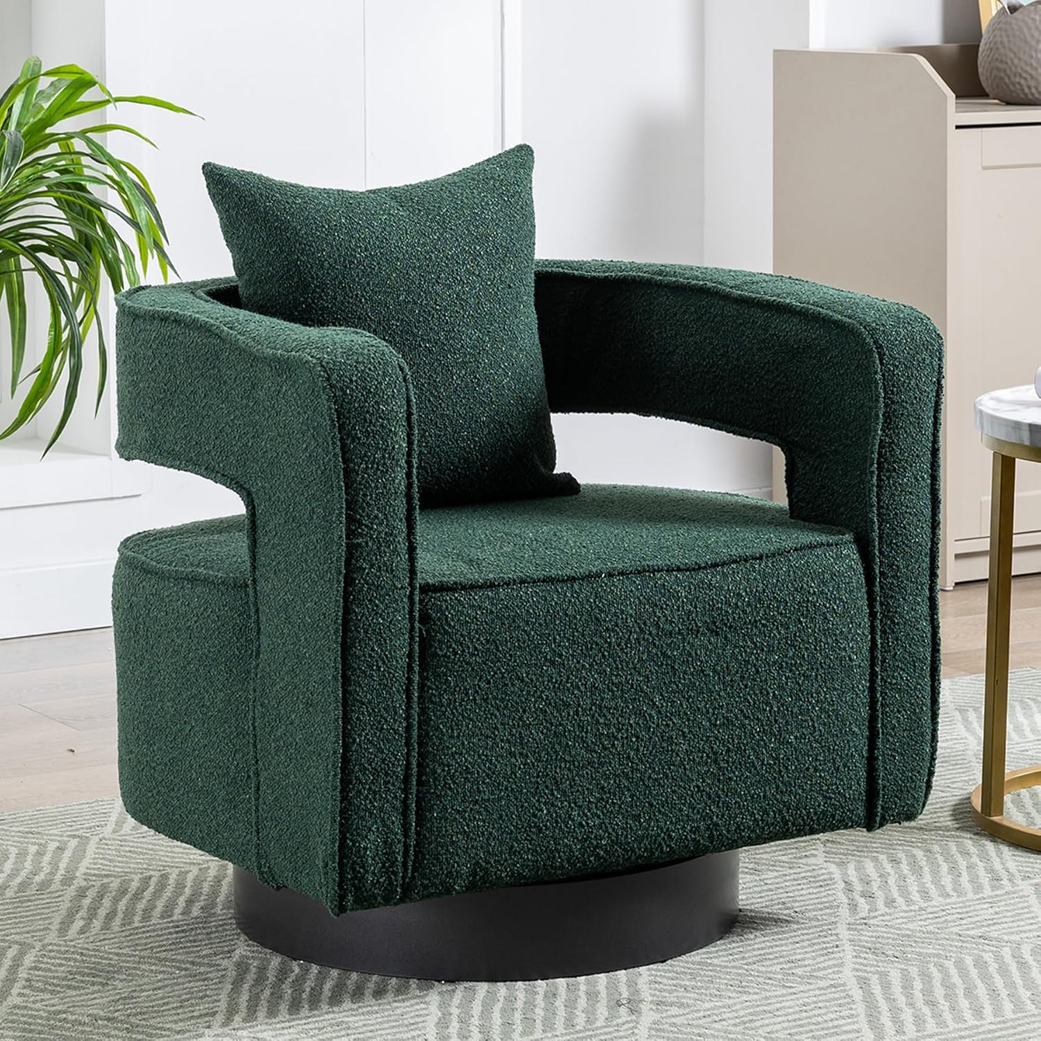 Swivel Accent Chair Set of 2, Modern Swivel Barrel Chair for Living Room, 360 Degree Comfy Square Accent Chair with Open Back, Upholstered Armchair for Bedroom,Reading, Boucle, Dark Green