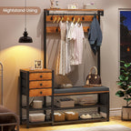 Itaar Coat Rack, Hall Tree with Bench and Shoe Storage, 7-in-1 Entryway Bench with Soft Cushion, Storage Bag, 3 Fabric Drawers(Rustic Brown)