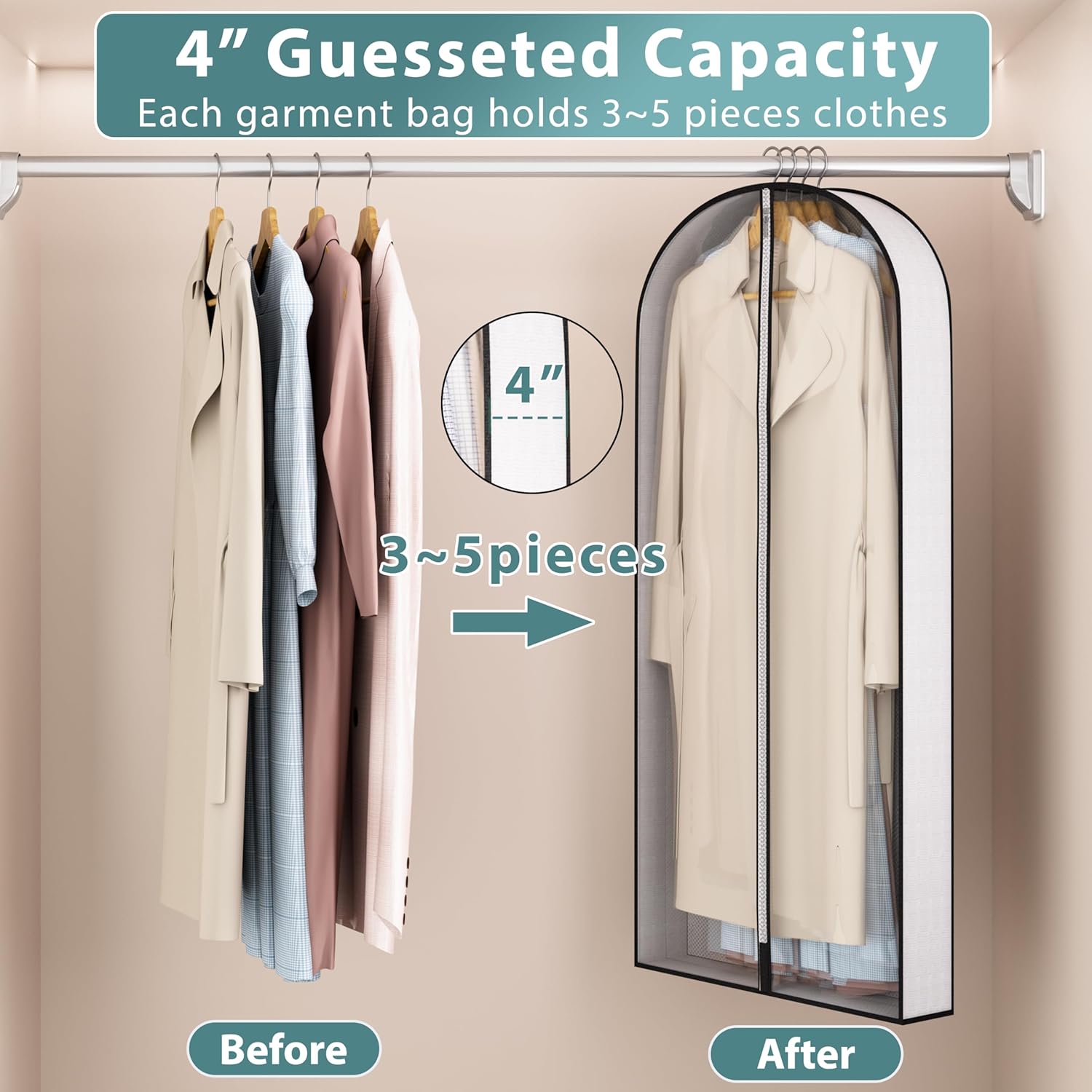 50” Garment Bags for Hanging Clothes 4” Gusseted - with Clear Window, Breathable Fabric, Metal Zipper, Suit Coat Long Dress Protector for Clothes Closet storage, Season Off, Moving, 3 Pack