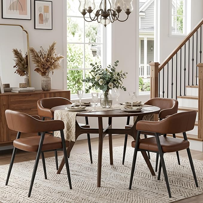 HNY Modern Dining Room Arm Chairs Set of 4, Retro Faux Leather Upholstered Ba...