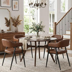 HNY Modern Dining Room Arm Chairs Set of 4, Retro Faux Leather Upholstered Barrel Dining Chairs with Arms Mid-Century Brown Accent Chair with Metal Legs, Open-Back Kitchen Side Chair for Living Room