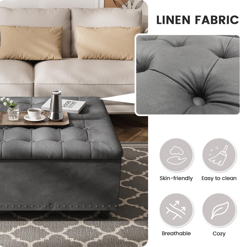 FUXA 35" Large Square Ottoman with Storage and Lift Top, Wood Legs, Gray...