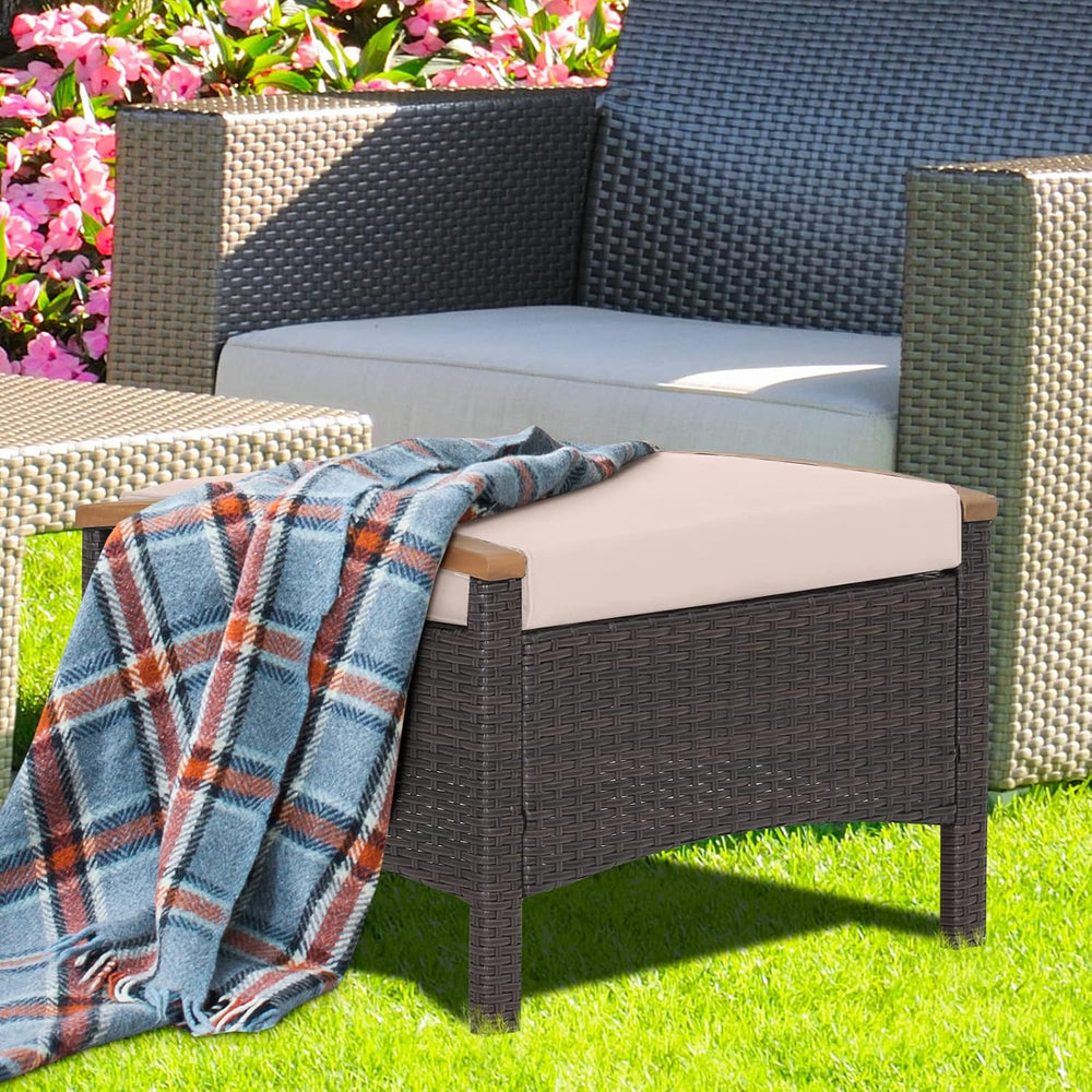 Tangkula 2 Piece Patio Rattan Ottomans, Outdoor Wicker Footstool w/Acacia Woo...