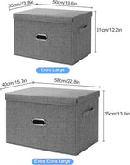 Large Linen Fabric Foldable Storage Bins with Removable Lid and Handles, Washable Storage Box Organizer Containers Baskets Cube with Cover for Bedroom,Office(Cream, XXL)