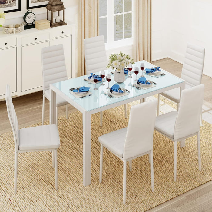 Gizoon White 7 Piece Glass Dining Table Set, Kitchen Table and Chairs Set