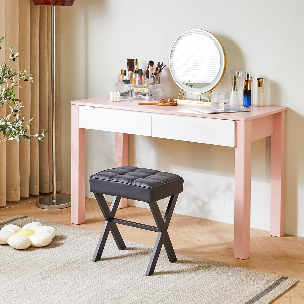 IBUYKE Square Makeup Stool with X-Leg, PU Vanity Chair, Black LG-71B | Footre...