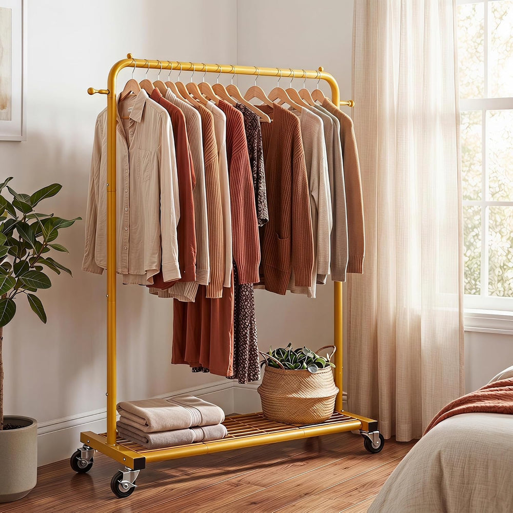 Sywhitta Metal Garment Clothing Rack on Wheels with Mesh Shelf,Gold Yellow