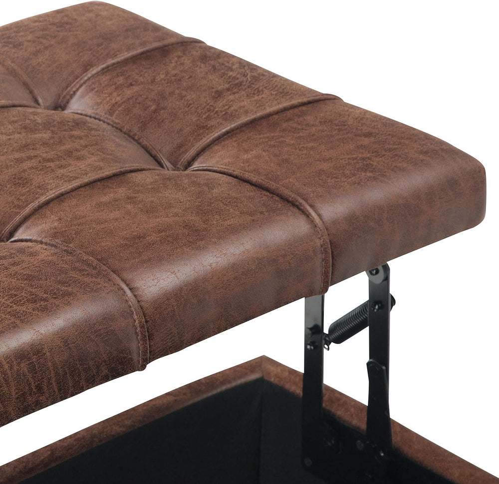 SIMPLIHOME Harrison 36" Wide Vegan Leather Lift Top Ottoman in Saddle Br...