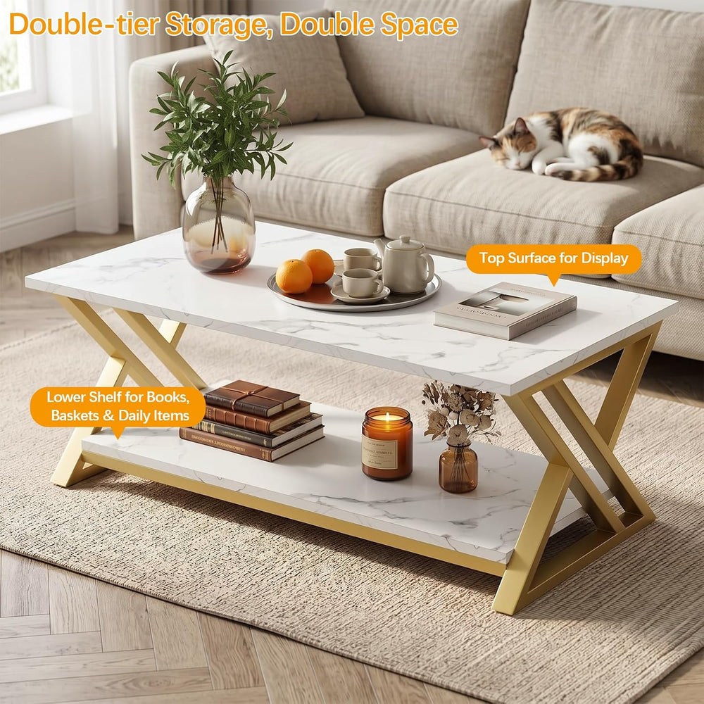 Coffee Table 2-Tier Gold Tables for Living Room,Center Table with Storage